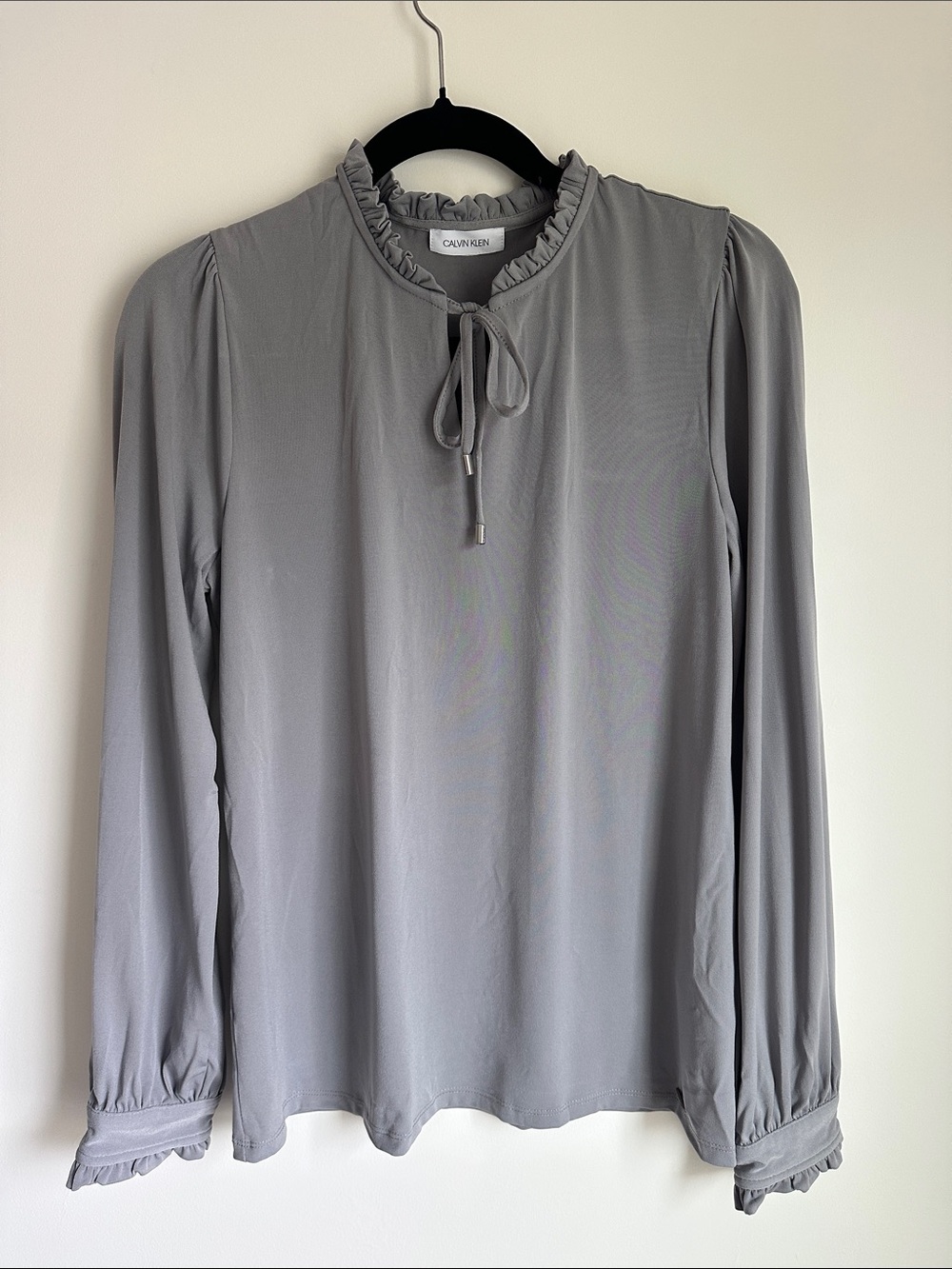 Calvin Klein Light Gray Ruffle Tie-Neck Blouse